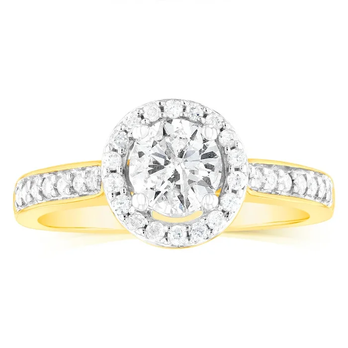 14ct Yellow Gold 1 Carat Brilliant Cut Diamond Halo Solitaire Ring with Diamonds on Shank