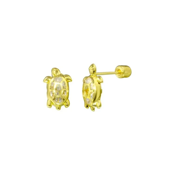 14E00029. – Pendiente de tuerca con cierre de rosca de circonita cúbica y forma de tortuga en oro amarillo de 14 quilates