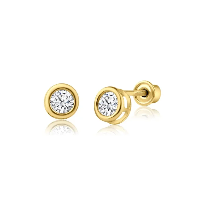14E00083. – 14 Karat Yellow Gold Round Bezel Screw Back Earring