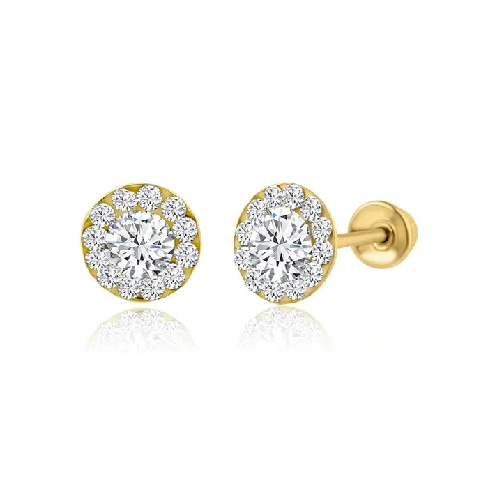 14E00185. – 14 Karat Yellow Gold Round CZ Screw Back Earring
