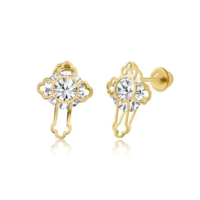14E00196. – 14 Karat Yellow Gold Laser Cut CZ Screw Back Earring
