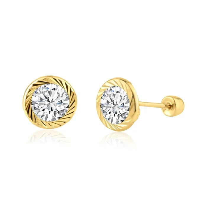 14E00207. – 14 Karat Yellow Gold CZ DC Bezel Screw Back Earring