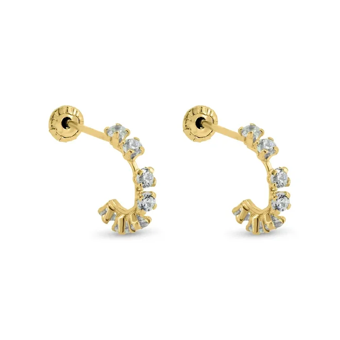 14E00399. – 14 Karat Yellow Gold Semi Hoop Clear CZ Screw Back Earrings