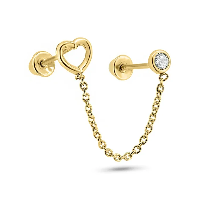 14E00402. – Pendientes de oro amarillo de 14 quilates con doble piercing en forma de corazón y circonitas redondas transparentes con cierre de rosca.