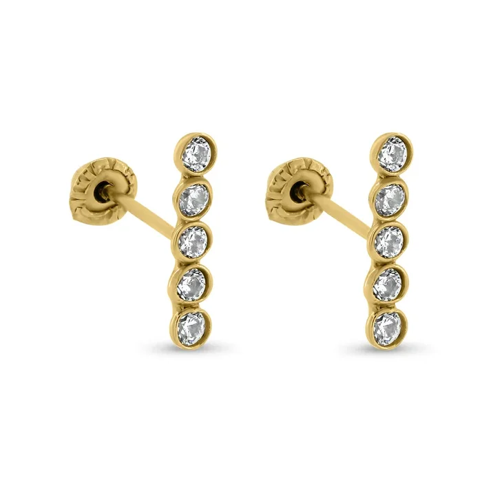 14E00407. – 14 Karat Yellow Bar Clear Round CZ Screw Back Earrings