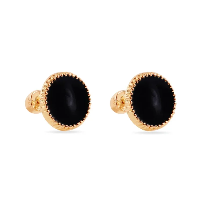 14E00448-BLACK – Pendientes circulares de esmalte negro de 14 quilates de 8,3 mm con cierre de rosca