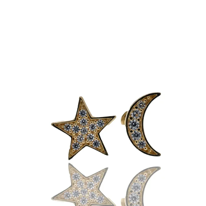 14E00471 – 14 Karat Yellow Gold 8mm Star and 4.6mm x 8.2mm Moon Clear CZ Screw Back Earring