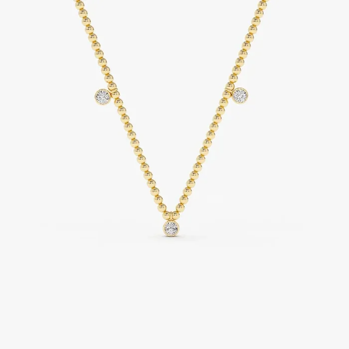 14k 2MM Bead Necklace with Dangling Bezel Setting Diamonds