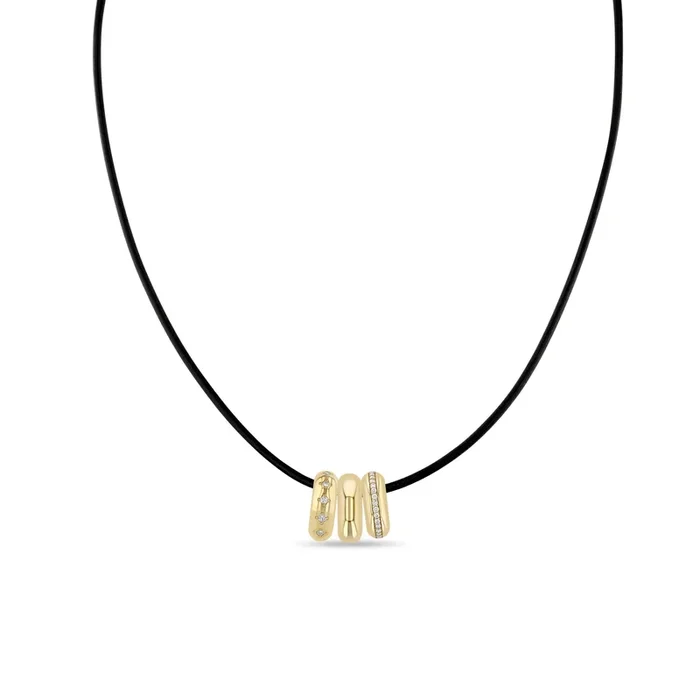 14k 3 Mixed Half Round Slide Bead Leather Cord Necklace