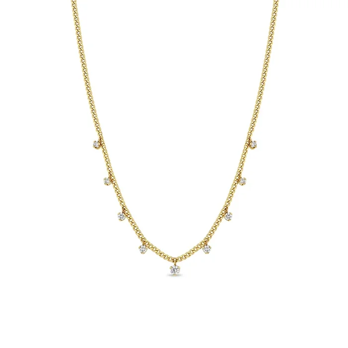 14k 9 Dangling Prong Diamond Extra Small Curb Chain Necklace