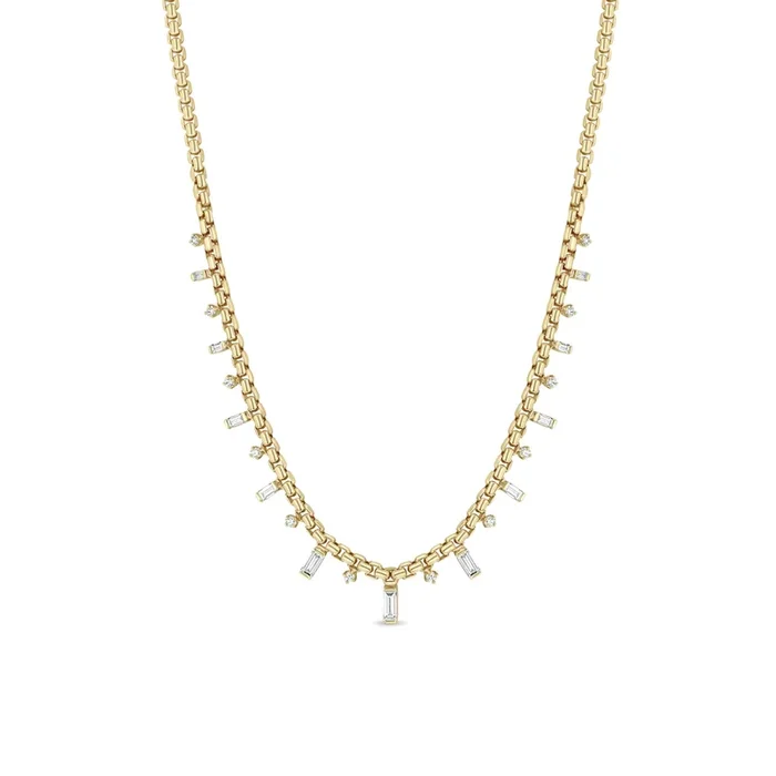 14k Alternating Baguette & Round Diamond Medium Box Chain Necklace