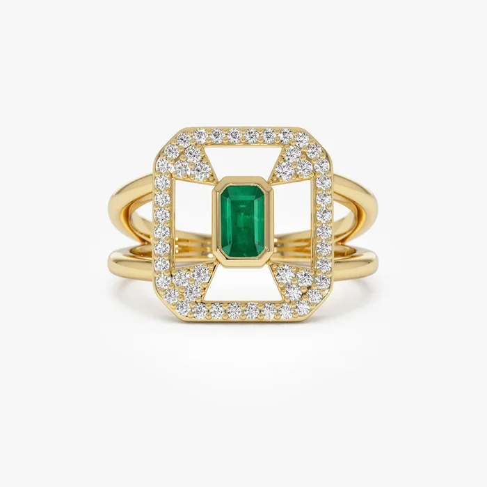 14k Art Deco Design Emerald Halo Ring