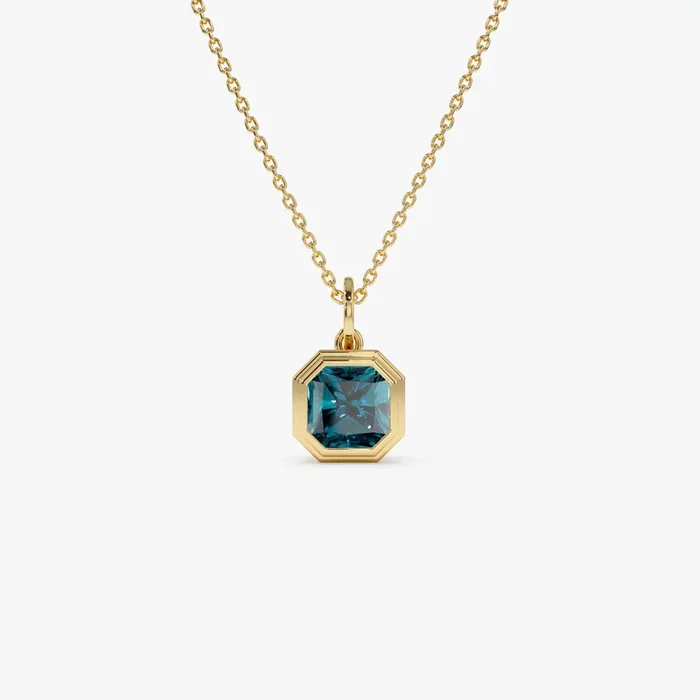 14K Asscher Cut Bezel Set London Blue Topaz Necklace