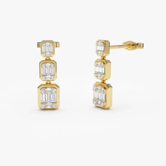 14k Baguette and Round Illusion Setting Diamond Drop Earrings