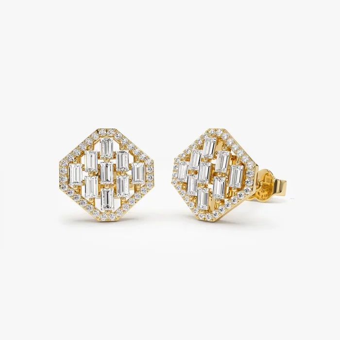 14k Baguette Diamond Earrings in Halo Setting