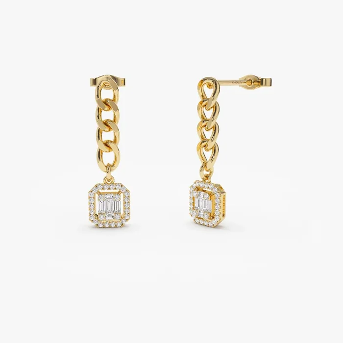 14k Baguette Diamond Halo Chain Earrings