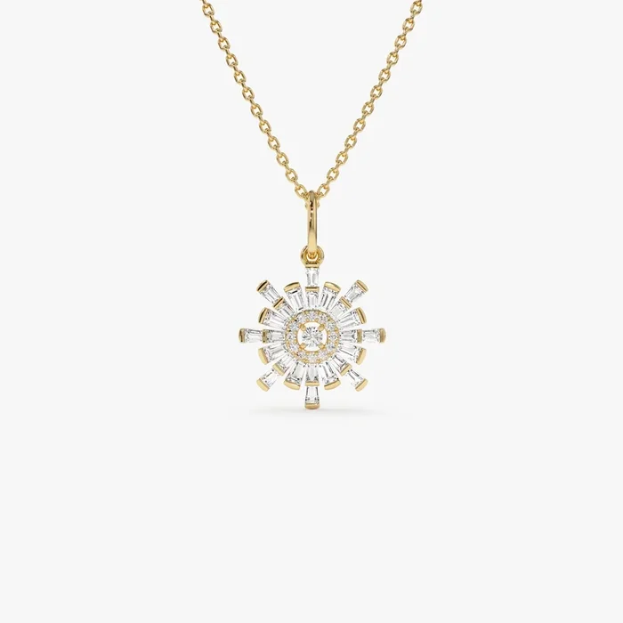 14k Baguette Diamond Sunburst Necklace