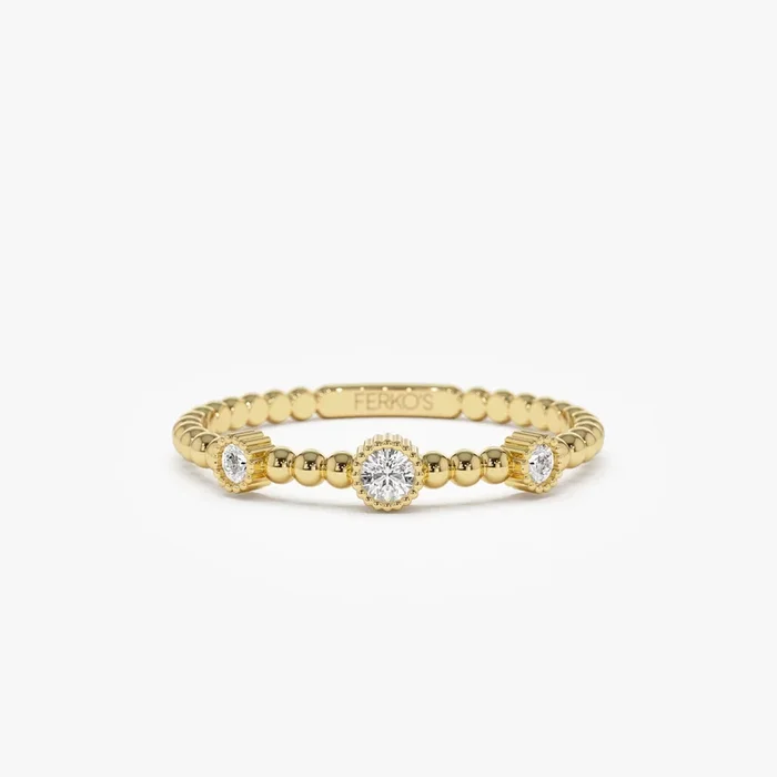 14k Bead Band Ring with Three Bezel Setting Diamonds