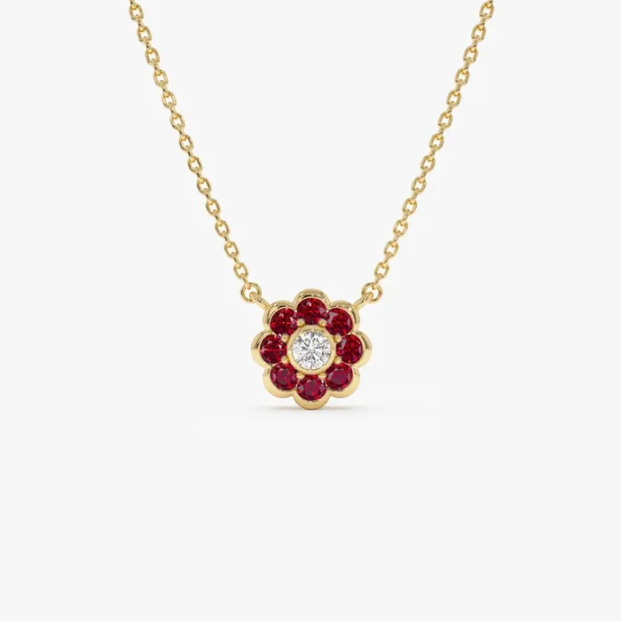 14K Bezel Setting Ruby Flower Diamond Necklace