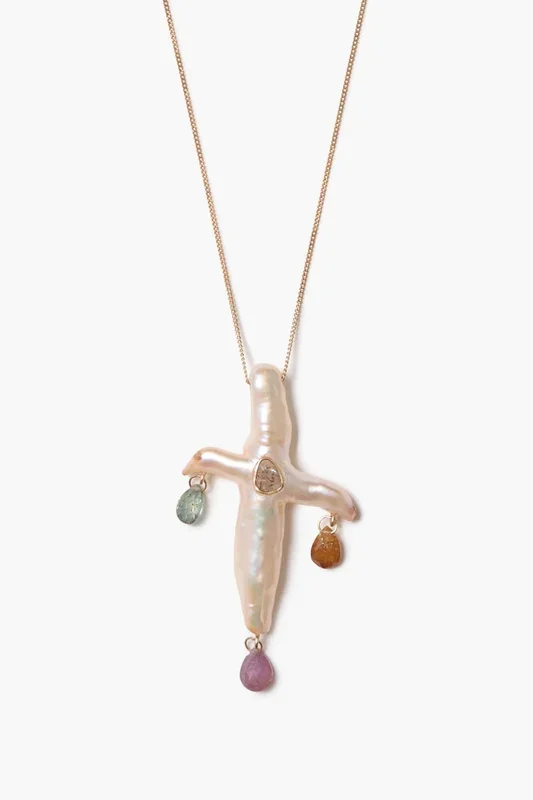 14k Chandelier Pearl Cross Necklace Natural Pink