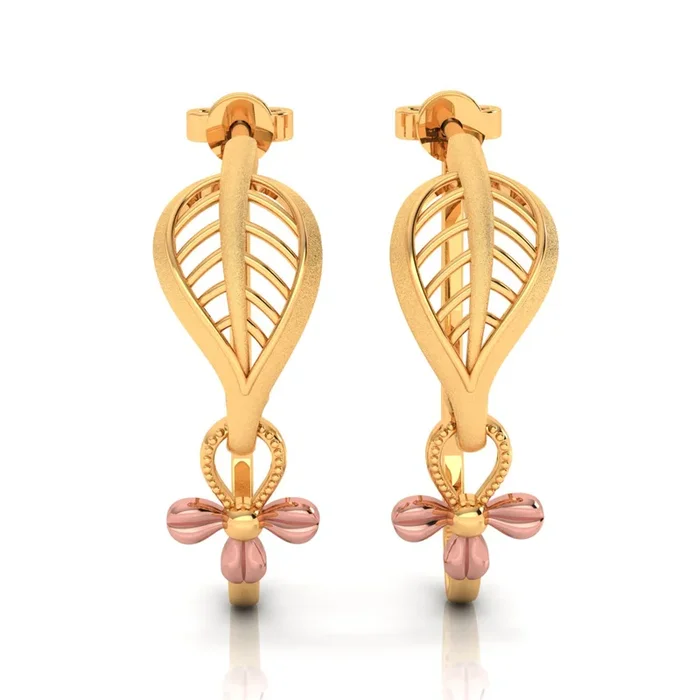 14k Dainty Earrings With Leafy Design And A Yellow Gold Flower