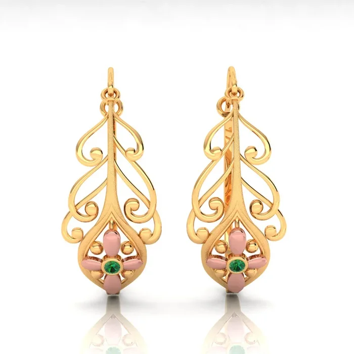 14k Dainty Earrings With Unique Design And Yellow Gold Floral Motif
