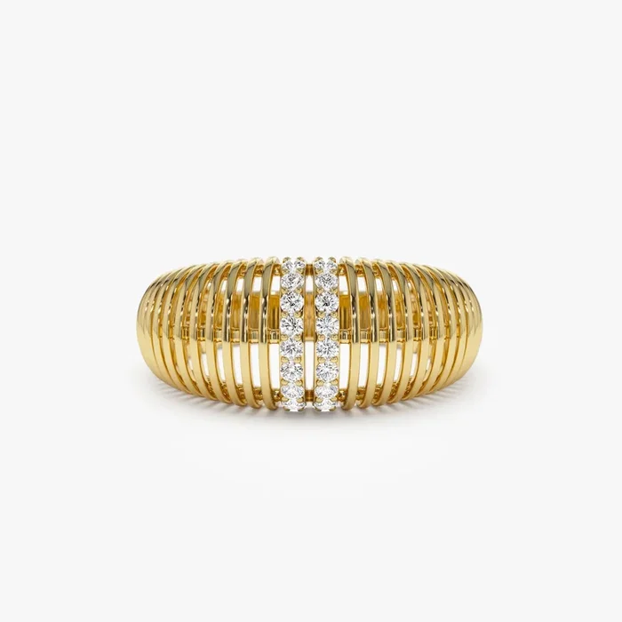 14K Diamond-Encrusted Ribbed Dome Statement Ring