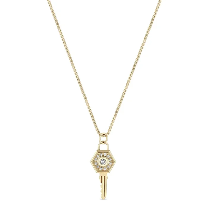 14k Diamond Hexagon Halo Key Pendant Necklace