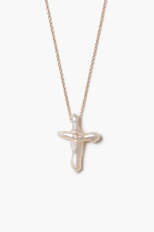 14k Diamond Pearl Cross Necklace White Pearl