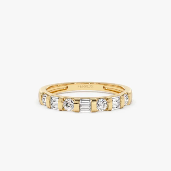 14k Double Baguette and Round Diamond Wedding Ring