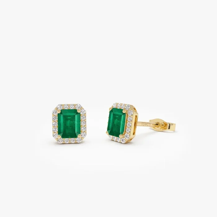 14k Emerald and Diamond Halo Stud Earrings