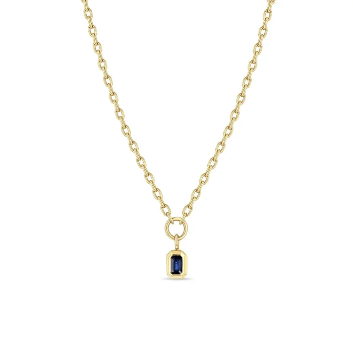 14k Emerald Cut Blue Sapphire Pendant Small Square Oval Chain Necklace