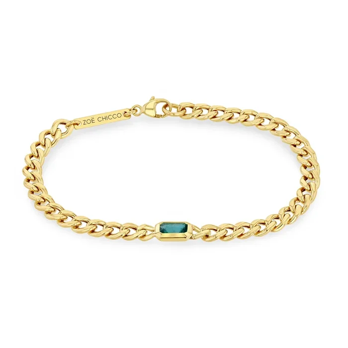14k Emerald Cut Emerald Bezel Medium Curb Chain Bracelet
