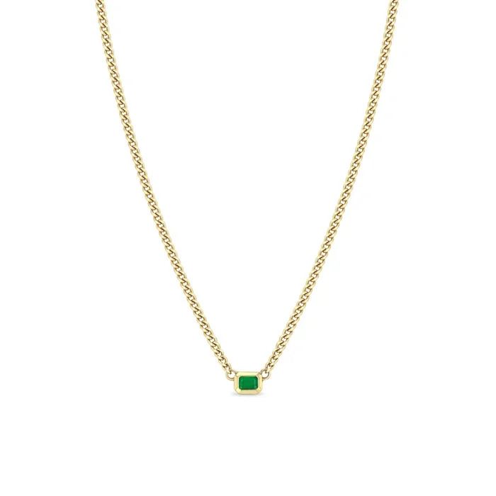 14k Emerald Cut Emerald Bezel XS Curb Chain Necklace