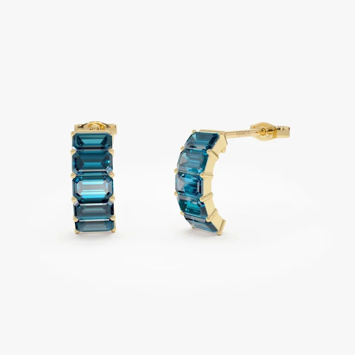 14K Emerald Cut London Blue Topaz Half Hoop Earrings
