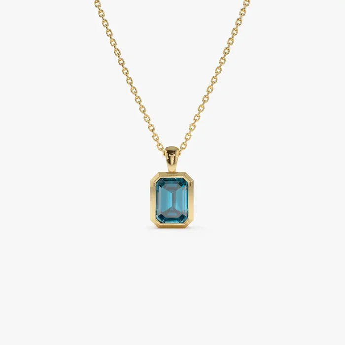 14K Emerald Cut London Blue Topaz Vertical Bezel Setting Pendant