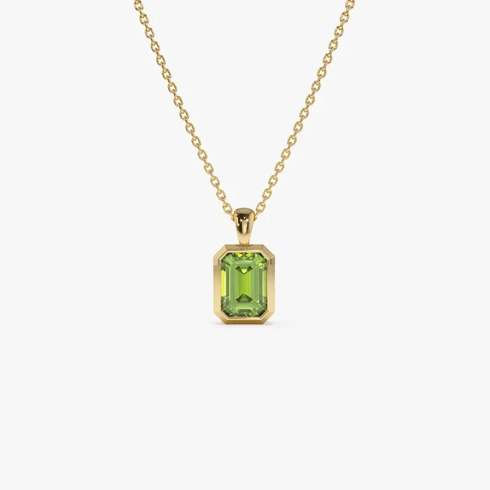 14K Emerald Cut Peridot Vertical Bezel Setting Pendant