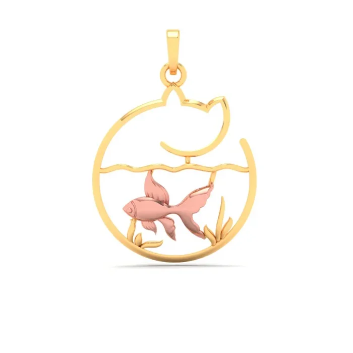 14k Fish Bowl Shape Gold Pendant With A Yellow Goldfish And A Cat