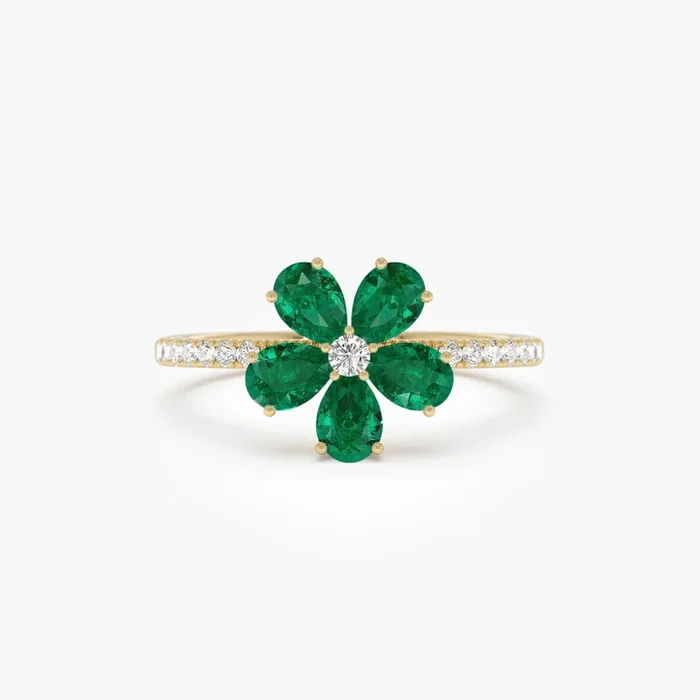 14K Five-Leaf Emerald and Diamond Ring