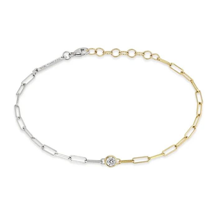 14k Floating Diamond Two Tone Gold Small Paperclip Chain Bracelet