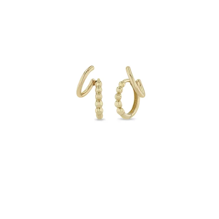 14k Gold Beaded Hinged Huggie Illusion Hoop Earrings