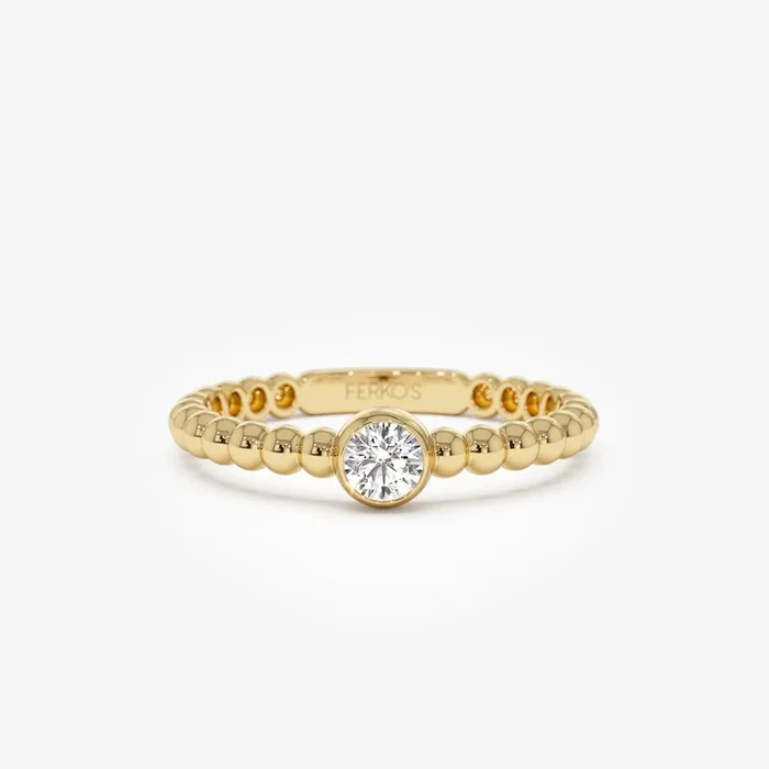 14K Gold Beaded Solitaire Diamond Bezel Ring