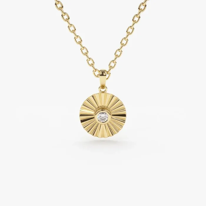 14K Gold Diamond Disc Ray Necklace