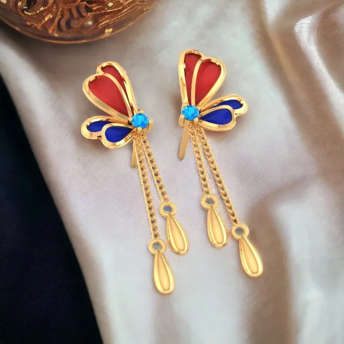 14K Gold Earrings With Butterfly Design And Blue Stone & Chain Drops