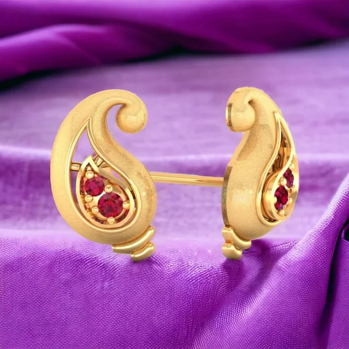 14K Gold Elegant Paisley Stud Earrings With Red Stones