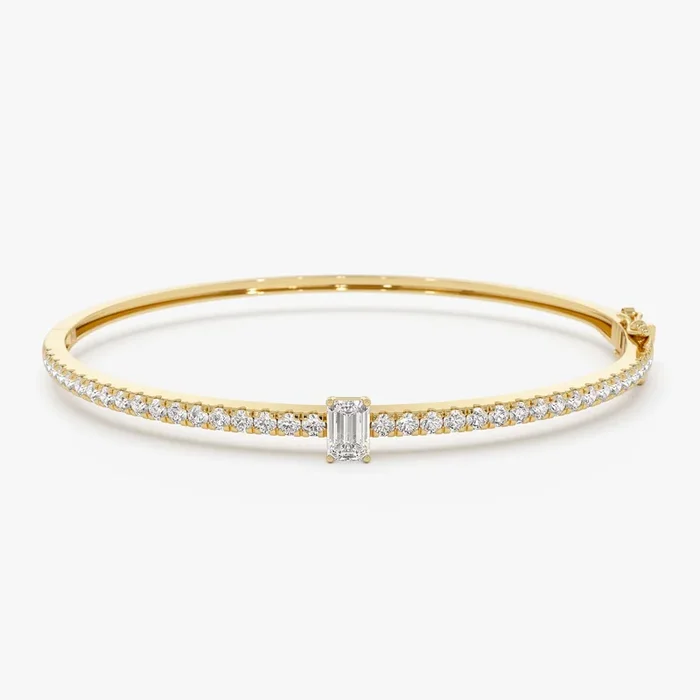 14k Gold Emerald Cut and Round Diamond Bangle