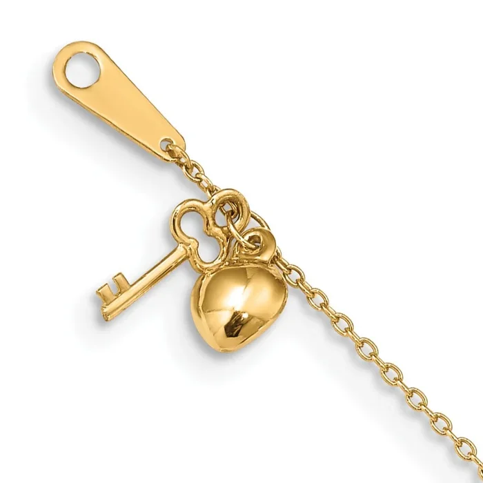 14k Gold Heart and Key 9in Plus 1in ext. Anklet