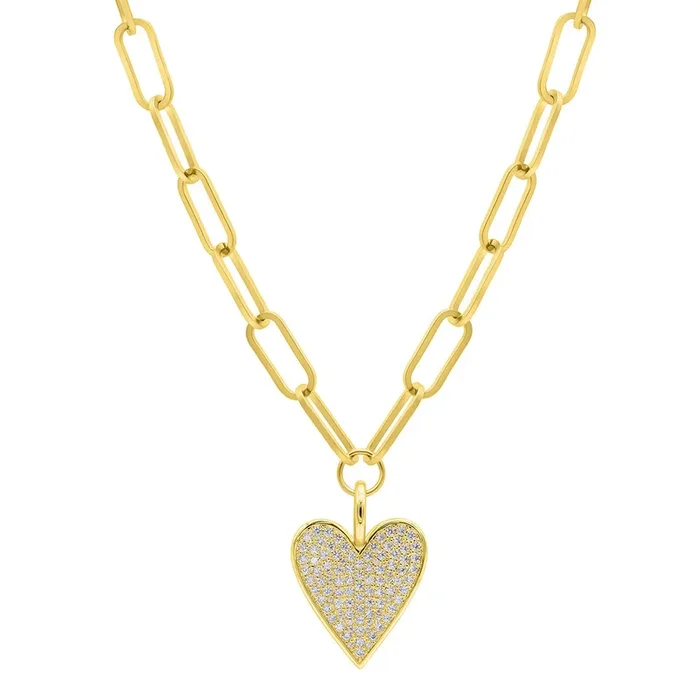 14k Gold Plated Adjustable Chunky Paperclip Link Pave Heart Necklace