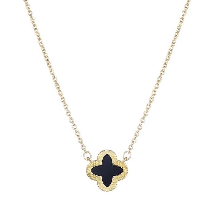 14k Gold Plated Fluted Edge Black Clover Necklace