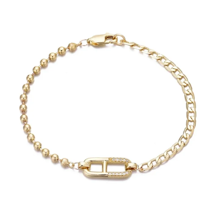 14k Gold Plated Mixed Chain CZ Sideways Pendant Bracelet